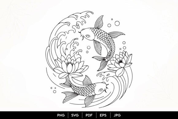 Download Koi Fish Lotus Wave Line Art SVGKoi Fish - Premium Resources
